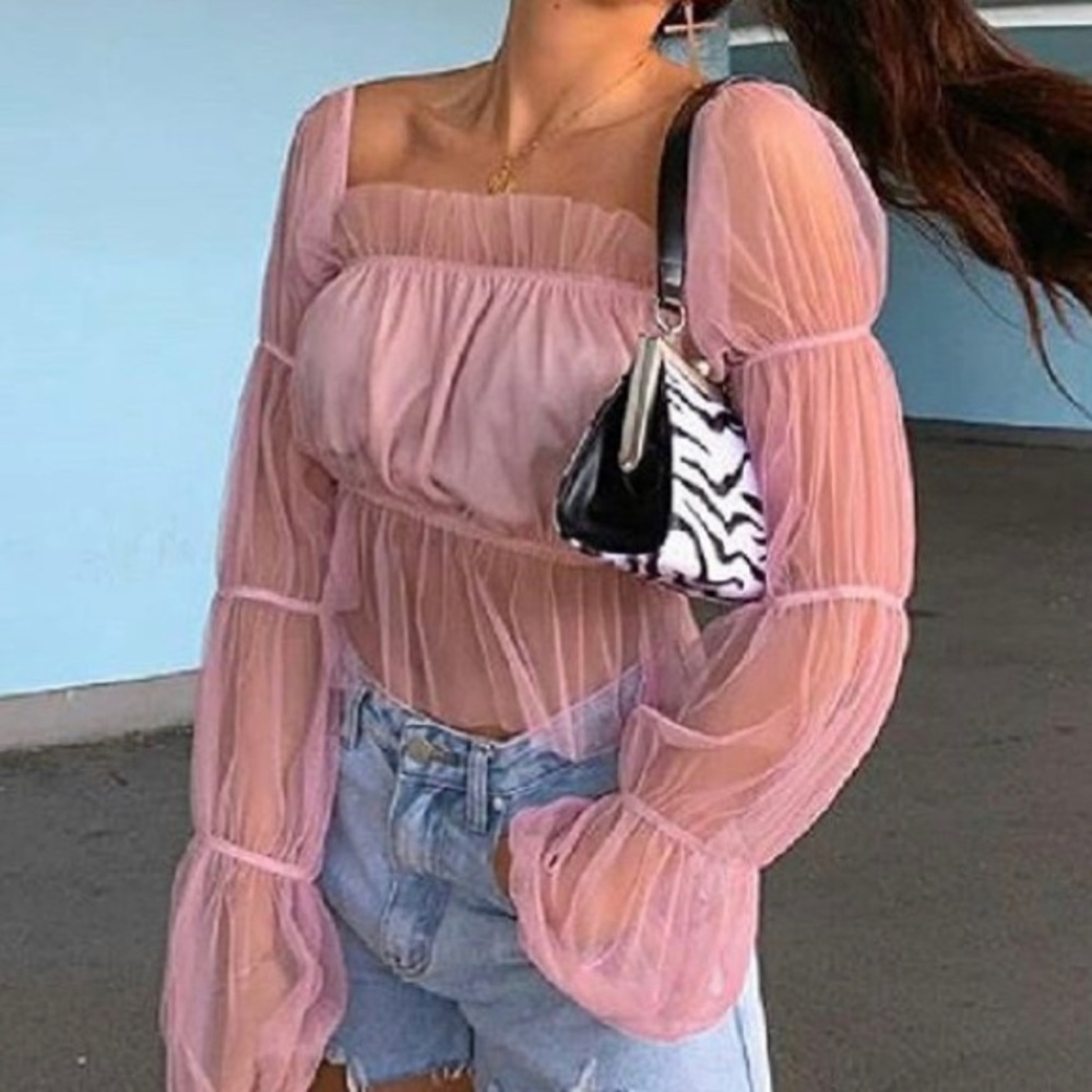 Rose Tulle Mesh Bardot Crop Top